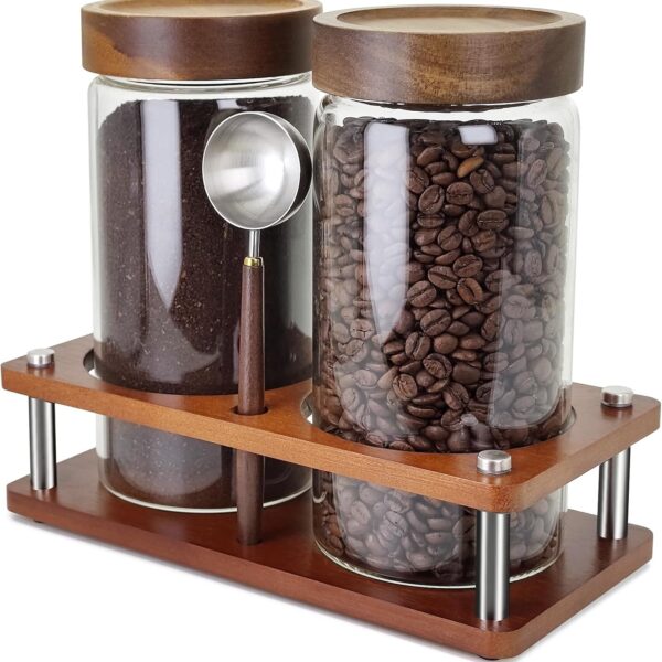 Glass Coffee Grounds Container with Shelf, 2 × 45 oz Glass Coffee Canisters with Airtight Thread Lid, Glass Storage Jars with Stainless Steel Spoon for Coffee Bean, Sugar,Nut