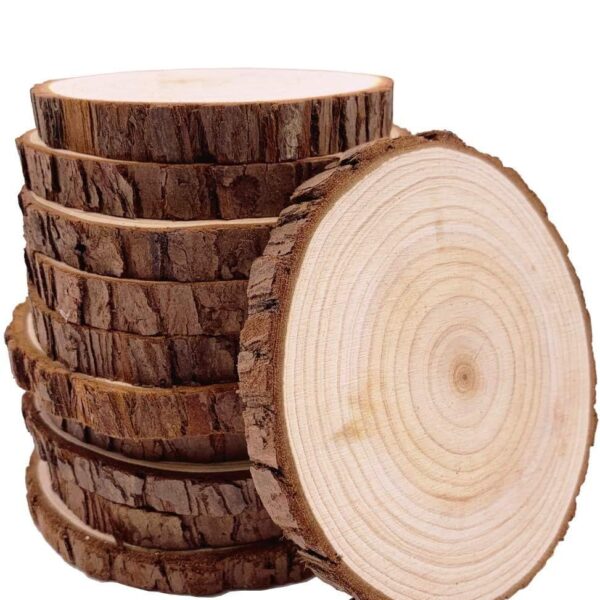 Unfinished Natural with Tree Bark Wood Slices 10 Pcs 4.2-4.7 inch Disc Coasters Wood Coaster Pieces Craft Wood kit Circles Crafts Christmas Ornaments DIY Crafts with Bark for Crafts Rustic Wedding