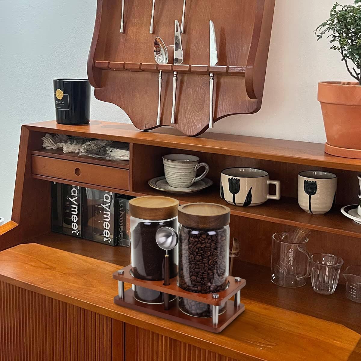 Glass Coffee Grounds Container with Shelf, 2 × 45 oz Glass Coffee Canisters with Airtight Thread Lid, Glass Storage Jars with Stainless Steel Spoon for Coffee Bean, Sugar,Nut - Image 2