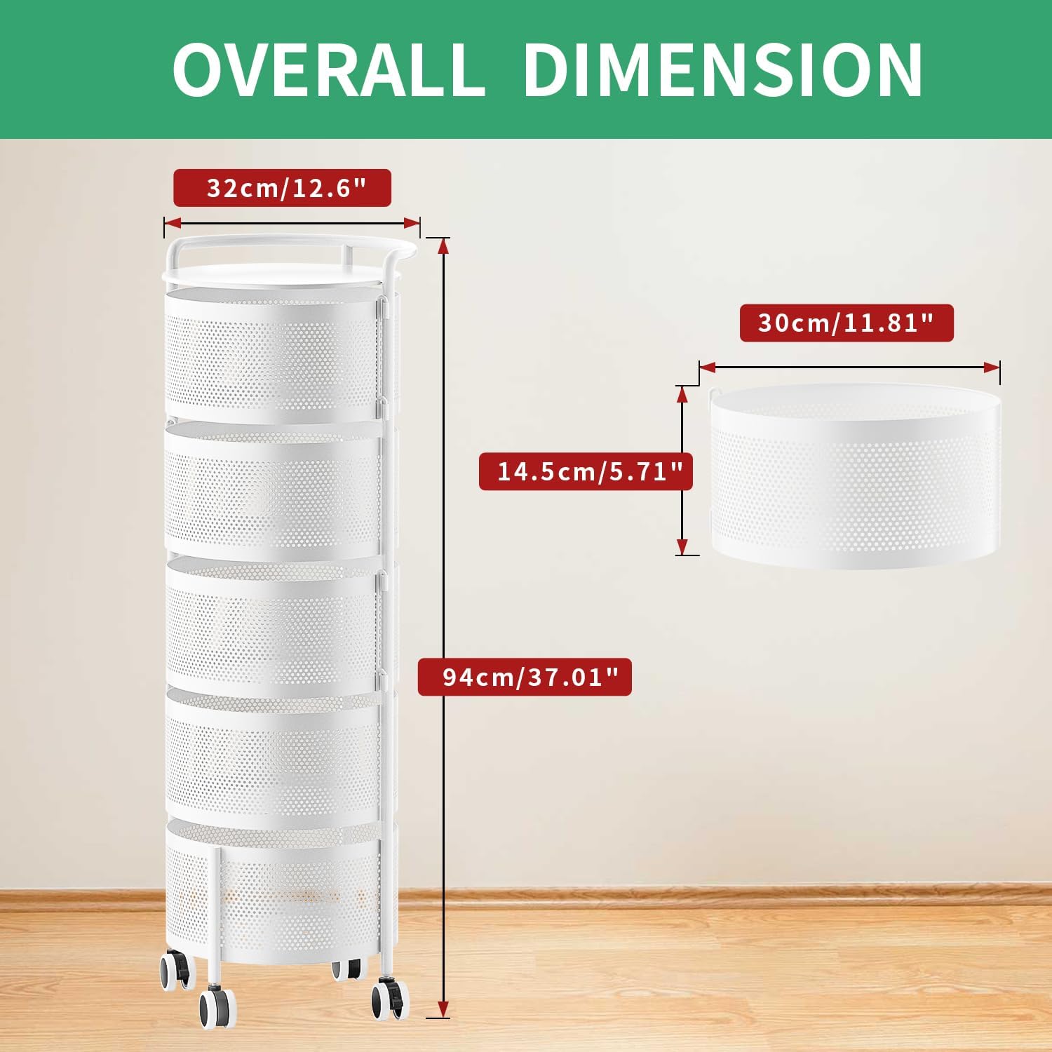 5-Tier White Rotating Storage Rack (No Installation Required), Large Capacity Heavy-Duty Fruit and Vegetable Trolley, Suitable for Multiple Rooms - Image 2