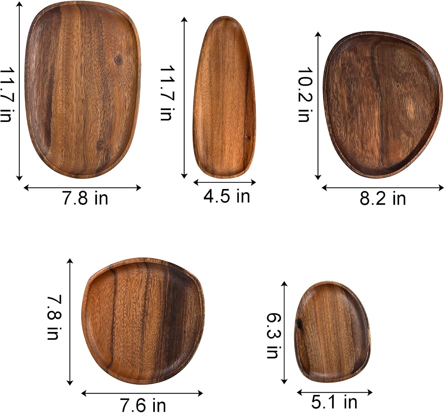 Set of 5 Wood Serving Platter and Trays, Irregular Oval Solid Wood Plates Serving Tray, Lightweight Wood Dinner Plates for Breakfast, Coffee, Tea, Snack, Plant, Housewarming Gift - Image 2
