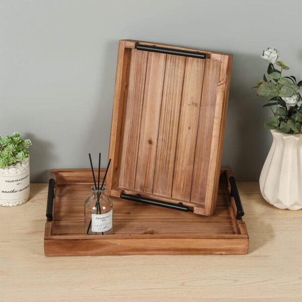 2Piece Decorative Nested Vintage Wood Serving Tray Set with Metal Handle for Eating, Breakfast,Kitchen, Trays Coffee Table & Home Decor, Large:15.5 x1.96 x11.8”Small:13.3 x1.96 x9.4”