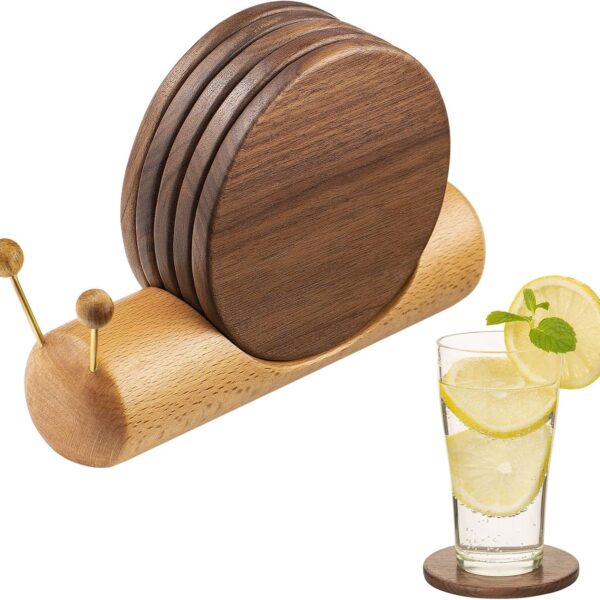 Wooden Coasters for Drinks-Natural Acacia Wood Drink Coaster with Magnetic for Coffee Table, Cute Coasters for Modern Home Decor Tabletop Protection for Any Table Type, Set of 5-Dia 3.5 * 3.5inchs