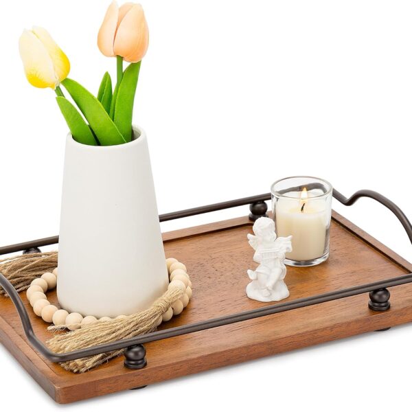 Wood Serving Tray with Handles, Wooden Decorative Tray for Serving Food, Platter for Breakfast, Lunch, Dinner, Appetizers, , Living Room, Coffee Table Kitchen Party Patio BBQ,16" Lx9 W