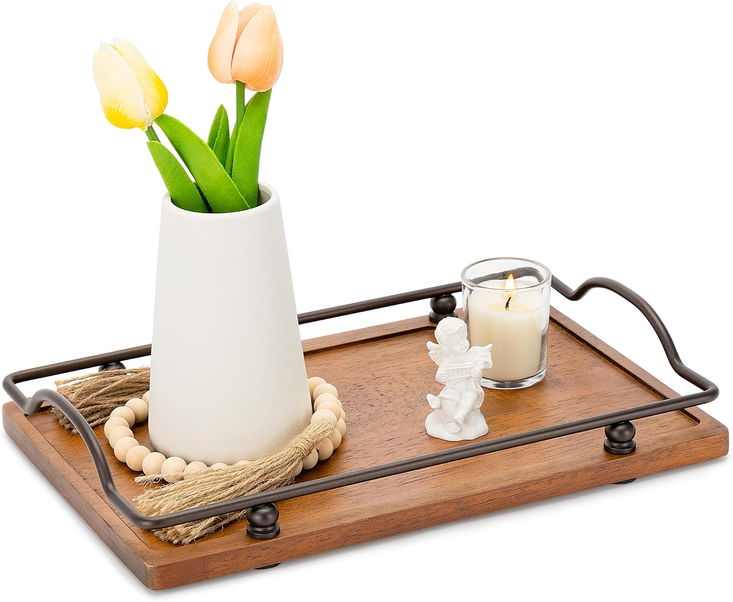Wood Serving Tray with Handles, Wooden Decorative Tray for Serving Food, Platter for Breakfast, Lunch, Dinner, Appetizers, , Living Room, Coffee Table Kitchen Party Patio BBQ,16" Lx9 W