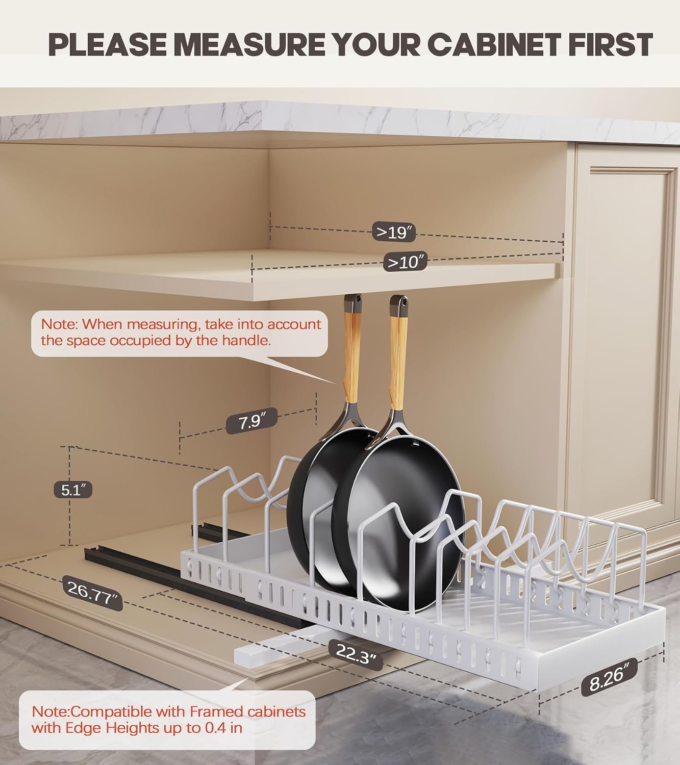 Cabinet pull-down pot lid organizer (2-pack white), extendable slide, with 10 adjustable dividers - Image 2
