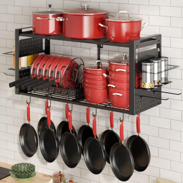 31-inch wall-mounted 3-in-1 pot rack, includes 2 storage shelves, pot lid rack, and 20 hooks, heavy-duty black