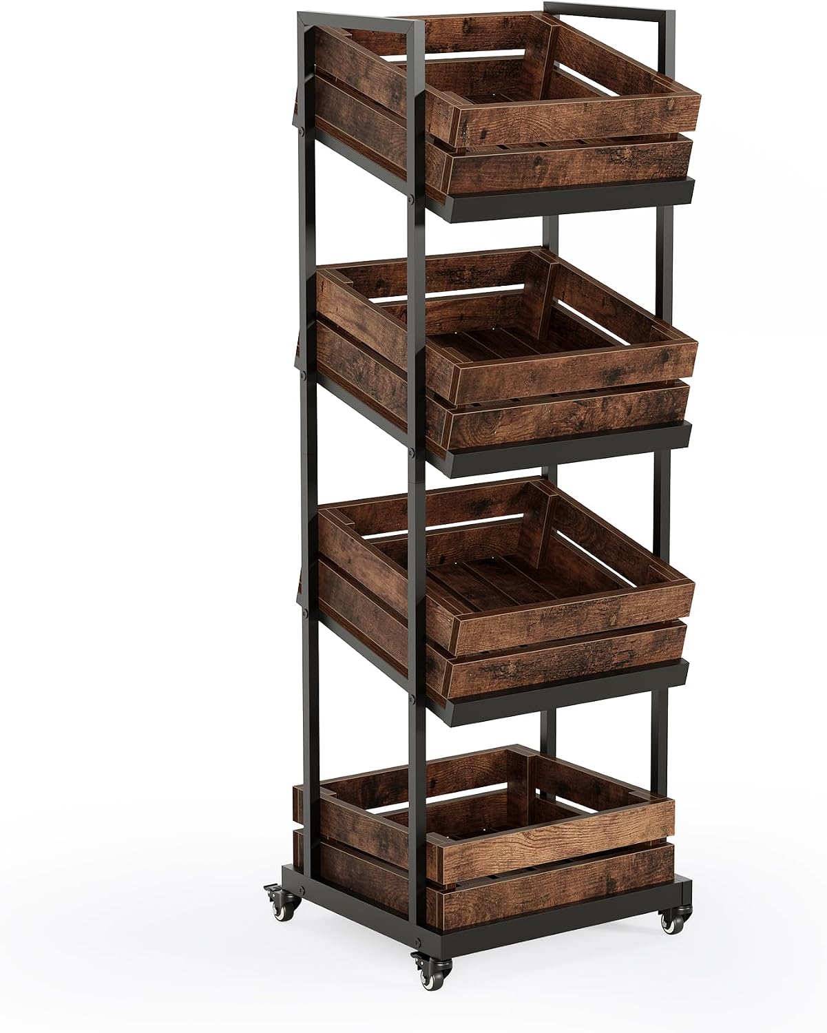 4-Tier Wooden Kitchen Trolley with Wheels, Mobile Fruit and Vegetable Storage Rack/Practical Shelves (Brown) - Image 2
