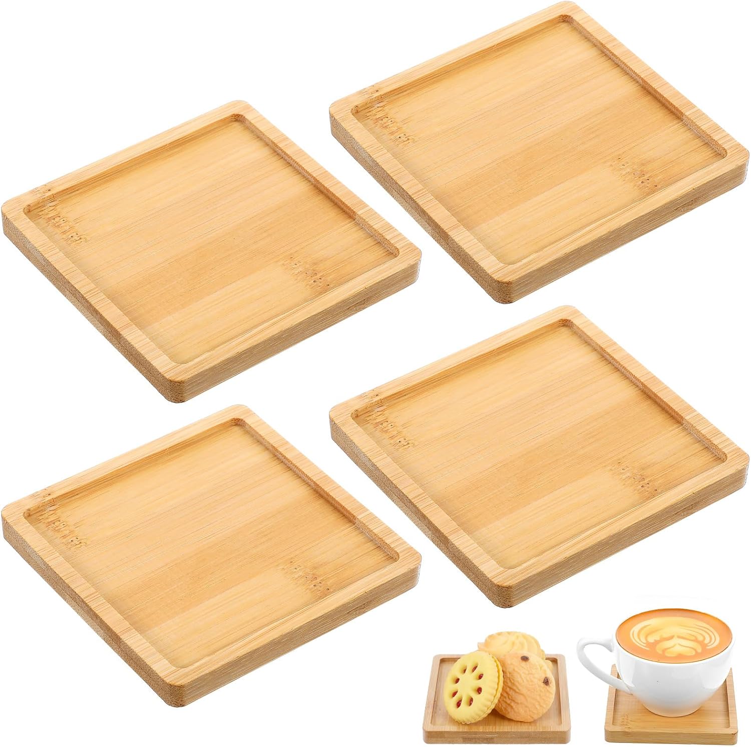 4 Pcs Bamboo 3.5-inch Coaster, Modern Square Coasters Mug Pads Holder Tray Drinking Coasters Protect Tables and Non-Slip for Kinds Cups and Living Room Decor