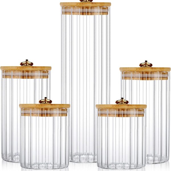 Glass Storage Jars Set of 5, Decorative Coffee Bar Container with Airtight Bamboo Lid Metal Ring for Home Kitchen Storing Candy, Cookie, Pasta, Nuts, Oatmeal and Bathroom Salt