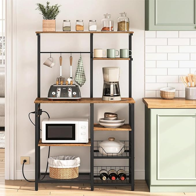 Large 6-Tier Baker's Rack/Microwave Rack with Power Outlet, Includes 4 Hooks and Mesh Basket