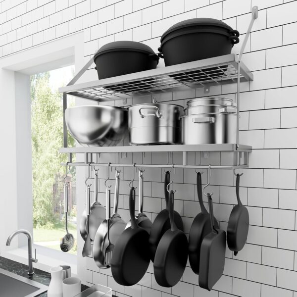 30-inch silver-grey double-layer wall-mounted pot rack with 12 sturdy hooks, kitchen wall mount