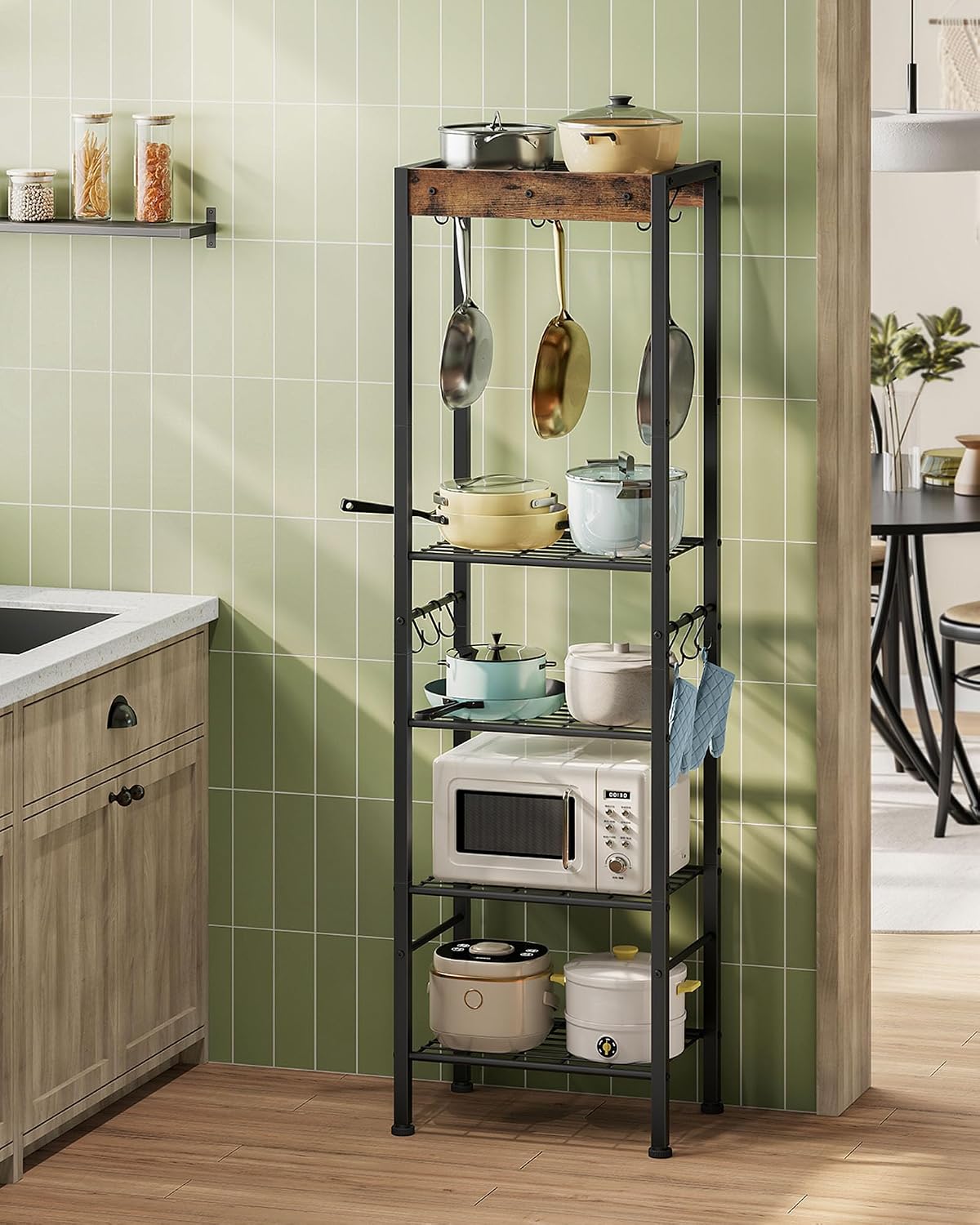 Five-tier freestanding pot rack/kitchen island, multi-functional storage rack