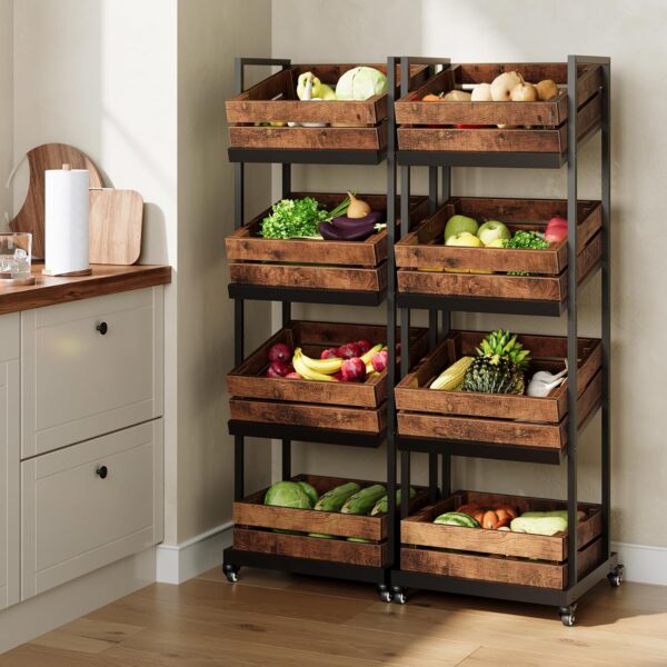 4-Tier Wooden Kitchen Trolley with Wheels, Mobile Fruit and Vegetable Storage Rack/Practical Shelves (Brown)