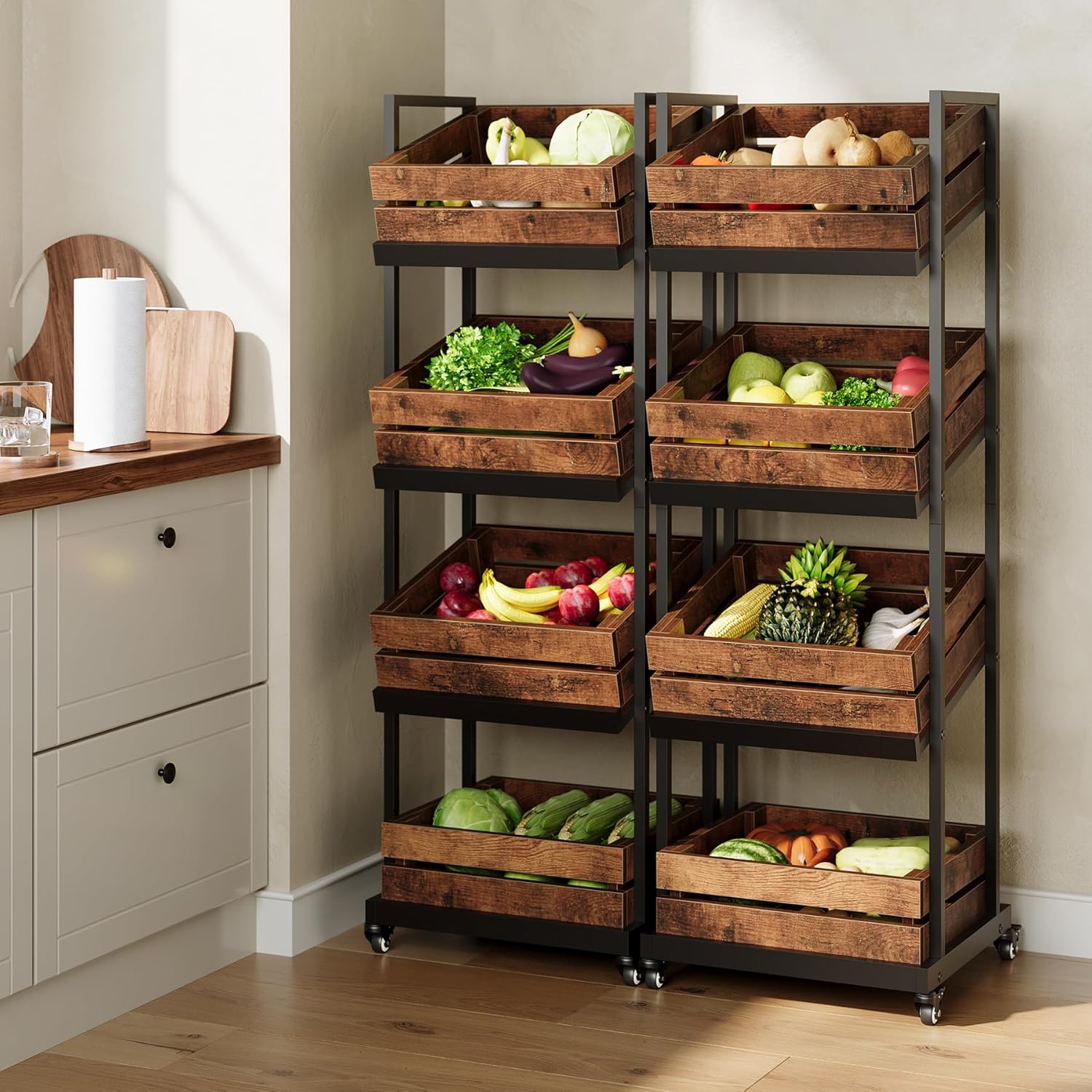 4-Tier Wooden Kitchen Trolley with Wheels, Mobile Fruit and Vegetable Storage Rack/Practical Shelves (Brown)