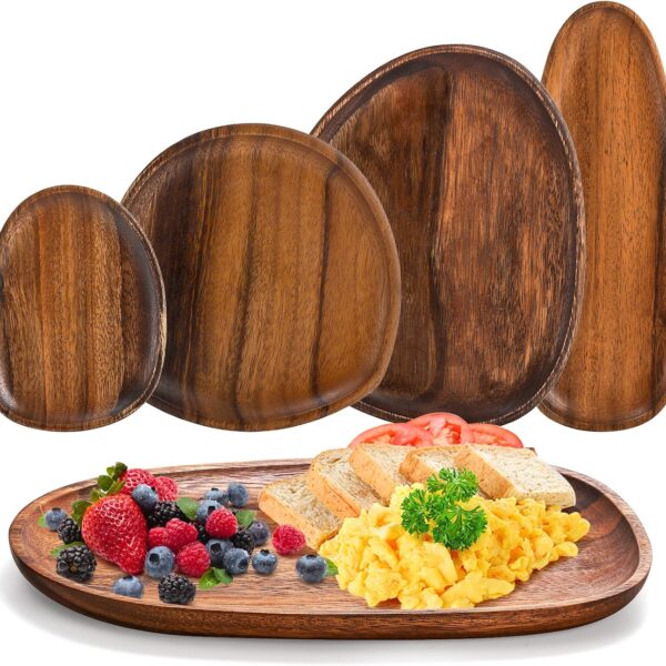 Set of 5 Wood Serving Platter and Trays, Irregular Oval Solid Wood Plates Serving Tray, Lightweight Wood Dinner Plates for Breakfast, Coffee, Tea, Snack, Plant, Housewarming Gift