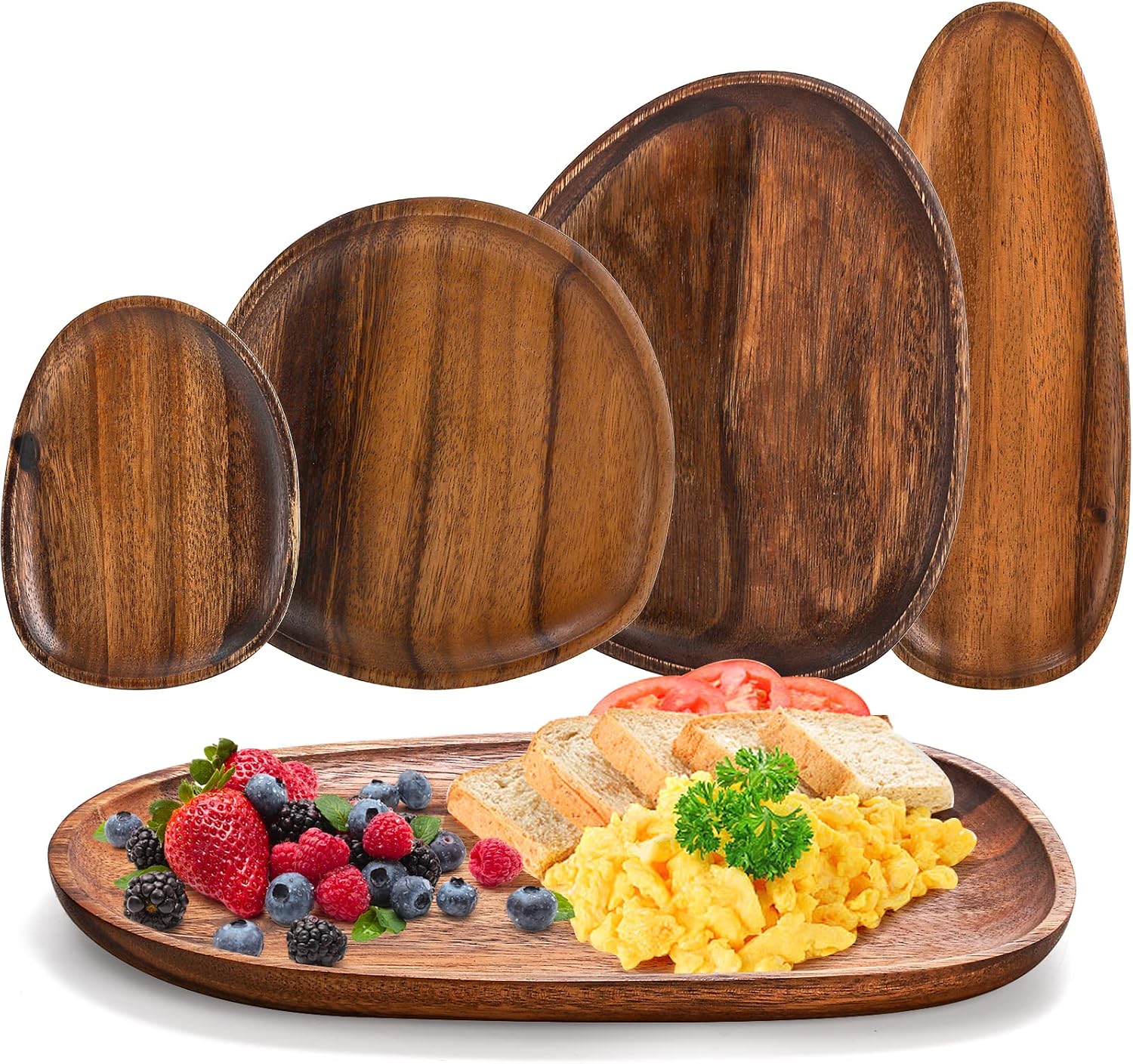 Set of 5 Wood Serving Platter and Trays, Irregular Oval Solid Wood Plates Serving Tray, Lightweight Wood Dinner Plates for Breakfast, Coffee, Tea, Snack, Plant, Housewarming Gift