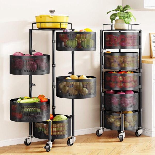 Five-tier rotating fruit and vegetable basket/storage trolley with metal top (large black), with wheels, for storing potatoes, bread, etc.