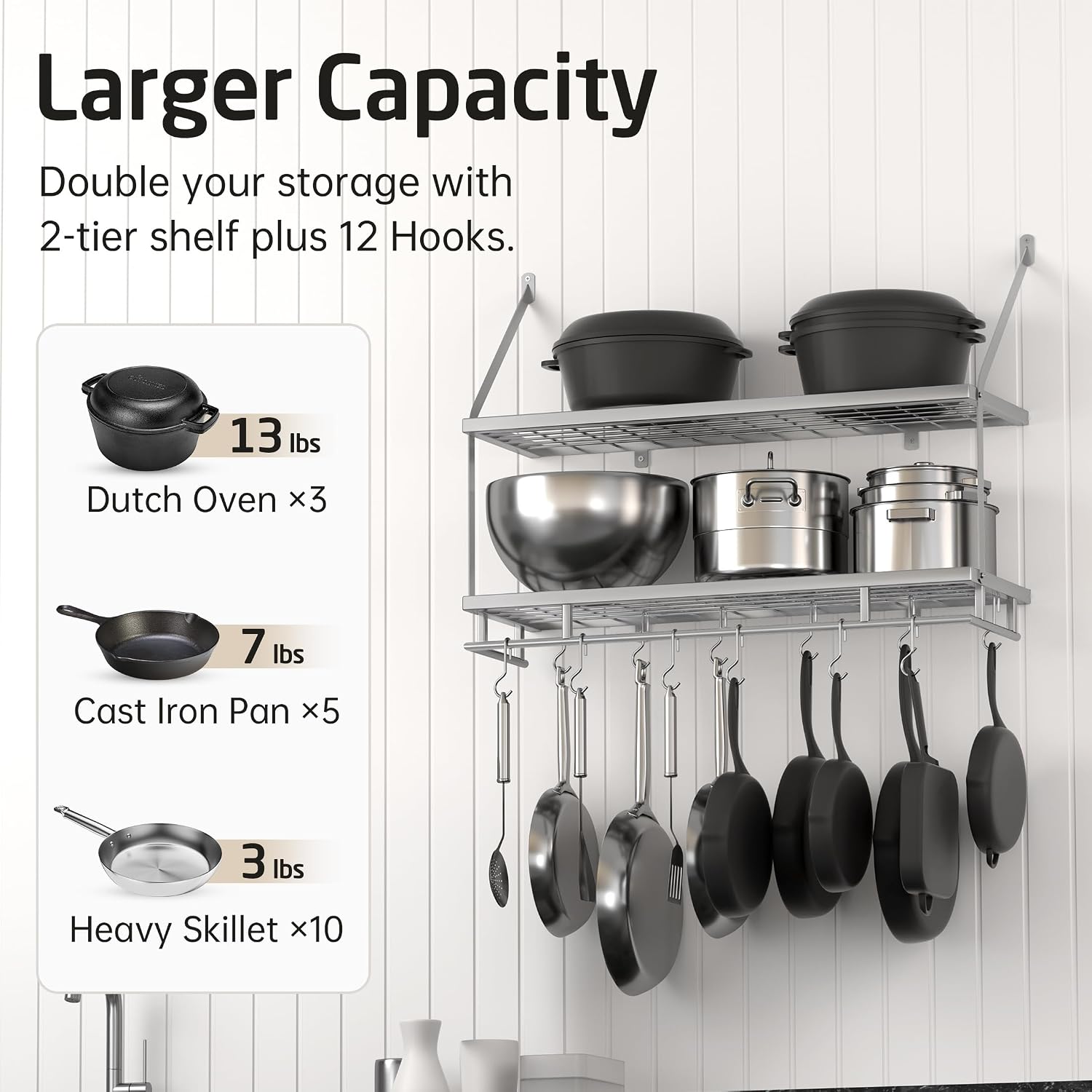 30-inch silver-grey double-layer wall-mounted pot rack with 12 sturdy hooks, kitchen wall mount - Image 2