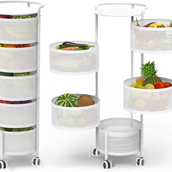 5-Tier White Rotating Storage Rack (No Installation Required), Large Capacity Heavy-Duty Fruit and Vegetable Trolley, Suitable for Multiple Rooms