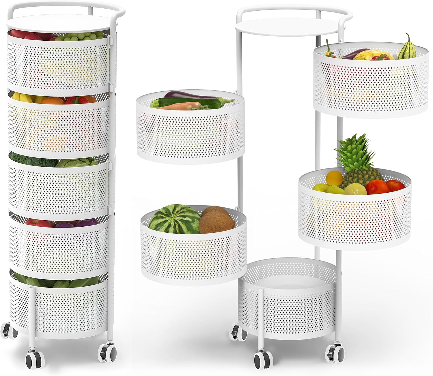 5-Tier White Rotating Storage Rack (No Installation Required), Large Capacity Heavy-Duty Fruit and Vegetable Trolley, Suitable for Multiple Rooms