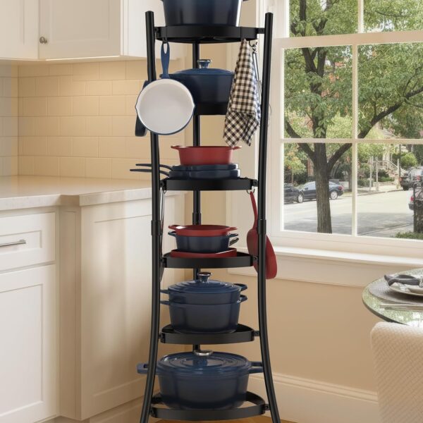 6-Tier Freestanding Cast Iron Pot Rack with 264 lb Load Capacity, 6 Hooks and Anti-Tipping Strap, Black