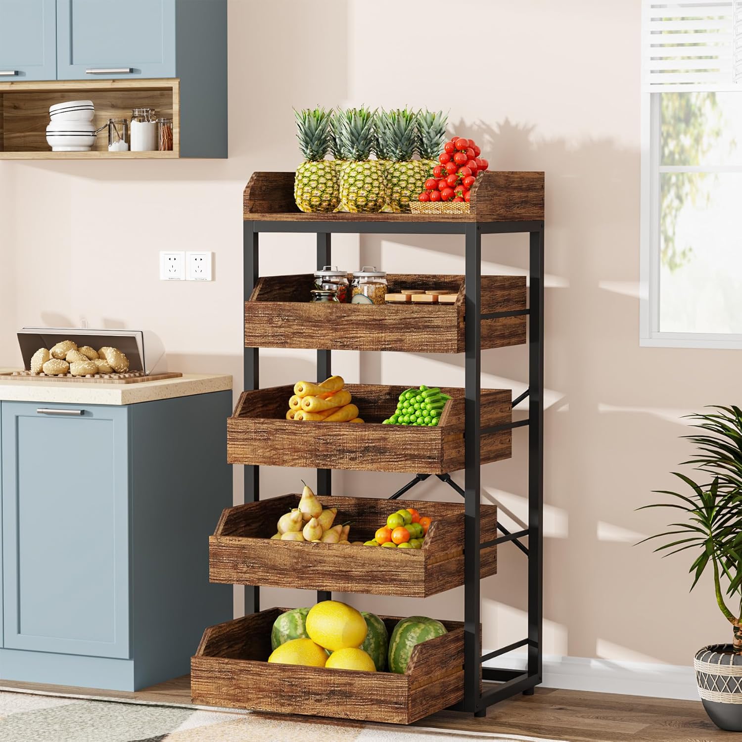 Five-tier wooden pull-out snack rack/fruit and vegetable basket Practical Shelves for Multiple Uses - Image 2