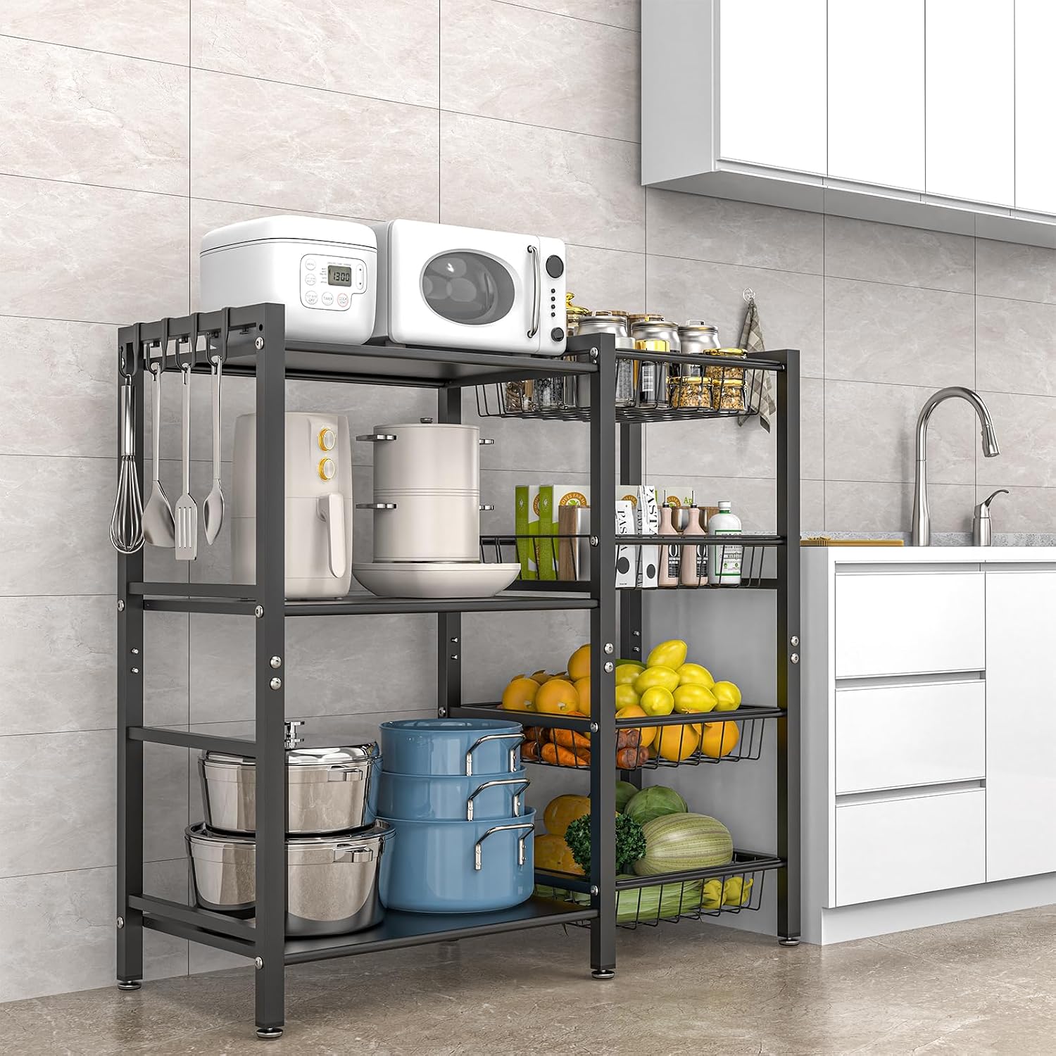Three-tier four-basket kitchen storage rack/multi-functional coffee bar/air fryer rack, with steel mesh basket - Image 2