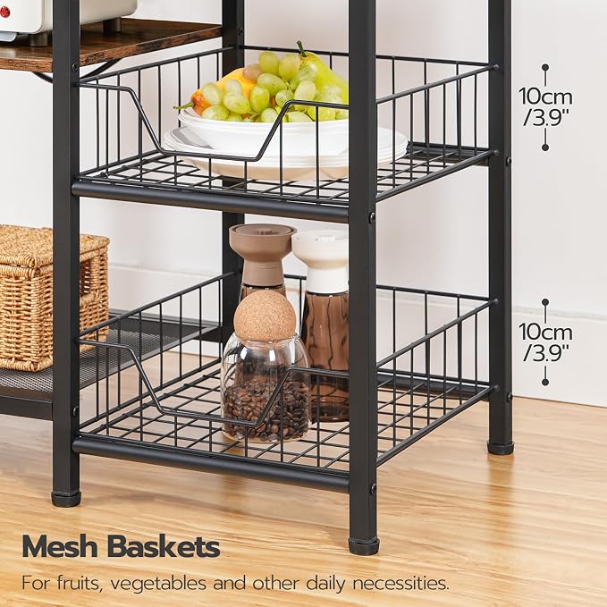 Large 6-Tier Baker's Rack/Microwave Rack with Power Outlet, Includes 4 Hooks and Mesh Basket - Image 2