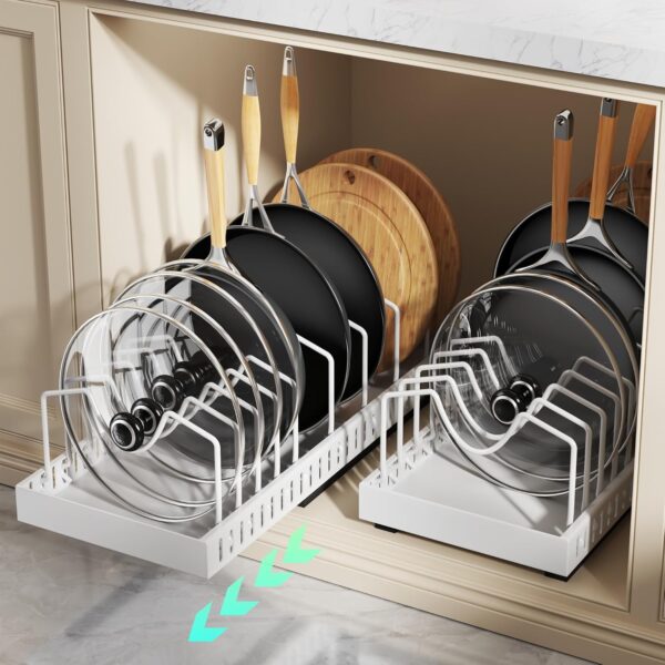 Cabinet pull-down pot lid organizer (2-pack white), extendable slide, with 10 adjustable dividers
